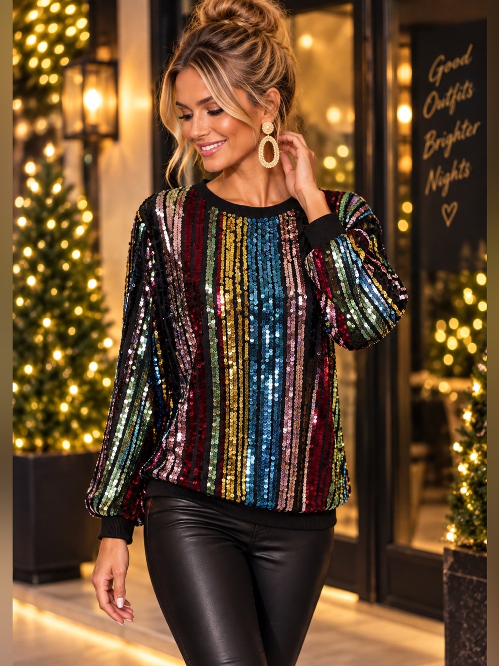 Lucky & Blessed NWT L Multicolor Sequin Party Top Long Sleeve Sparkle